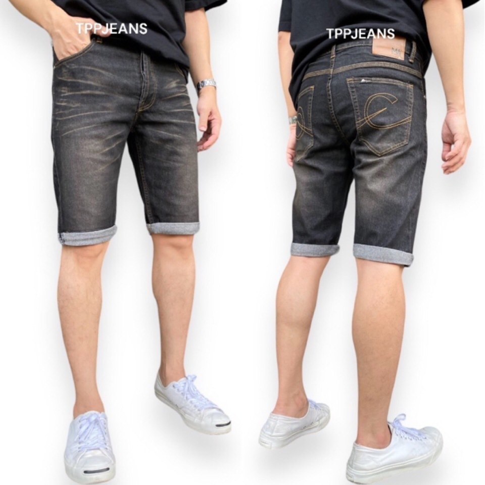 JEANSEXPRESS Men's Winsman Slim-fit กางเกงยีนส์ทรงสลิมฟิต สีดำยีนส์ผ้ายืด สวมใส่สบาย ปักขนนก เป้ากระดุม Size 28-36