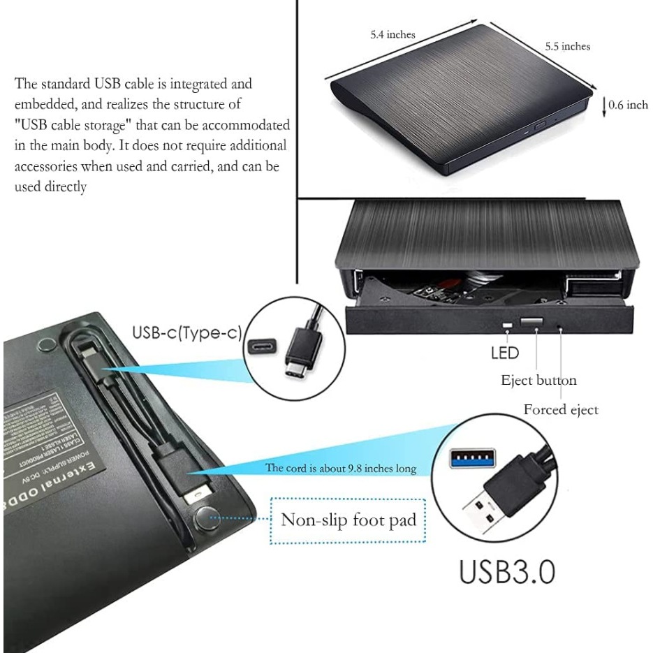 USB 3.0 /TYPE-C Dual Interface Ultra Slim External DVD-RW Burner/CD/Rewrite/ออปติคัลไดรฟ์แบบพกพาสีดำ รูปที่ 2