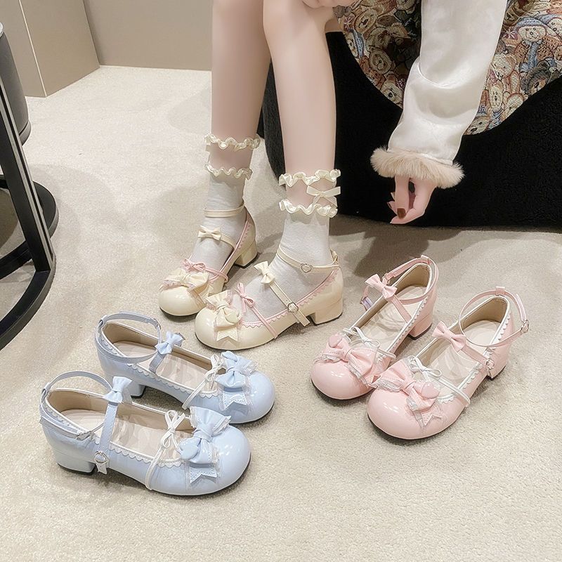 New Lolita รองเท้าผู้หญิง รองเท้าหนัง ญี่ปุ่นหวานและน่ารัก ตกแต่งโบว์ สีเบจ ฟ้าอ่อน สีชมพู
