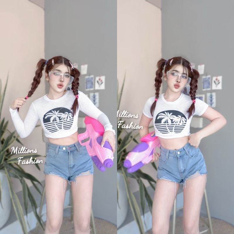 💰Pangpang💰 เสื้อครอป คอเต่าแขนสั้น/แขนยาว สกรีน ผ้าสลาฟ รอบอก32-36“