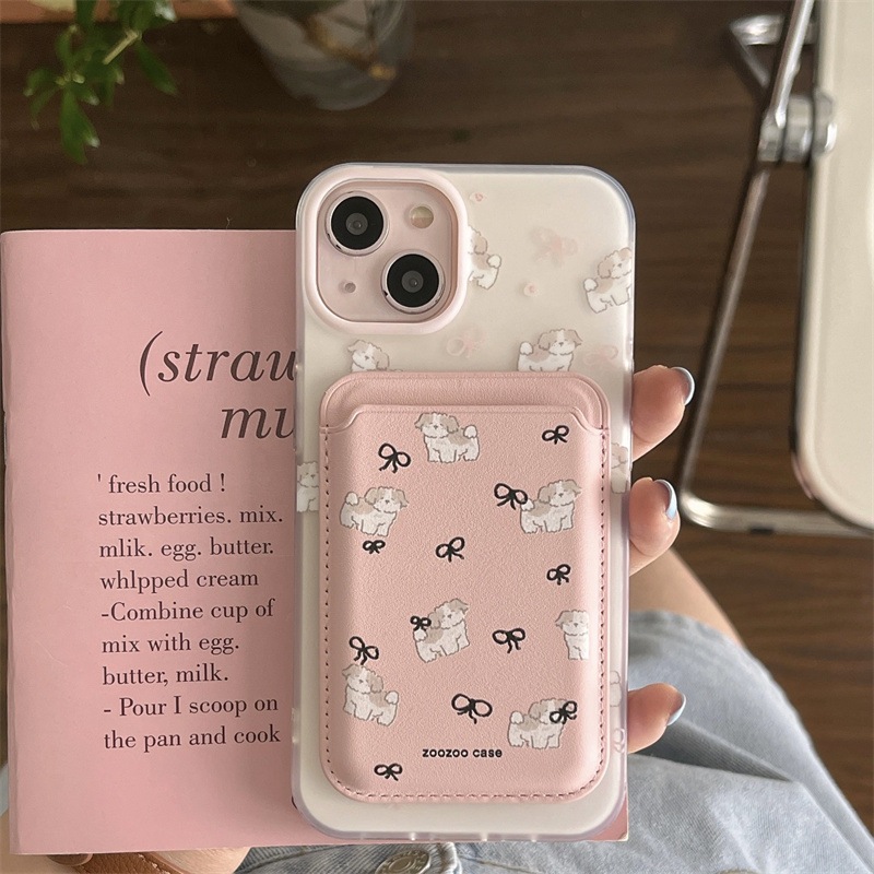 เคสลายน้องหมาพื้นครีม + ซองใส่บัตรแม่เหล็ก เคสไอโฟน พร้อมส่ง เคสสำหรับ IPHONE CASE 12-16PROMAX