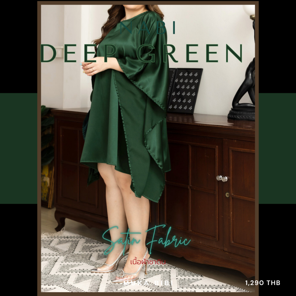 MUKA BIBI_NABI Dress SATIN Green Tone เดรสนาบิ ผ้าซาติน สีโทนเขียว