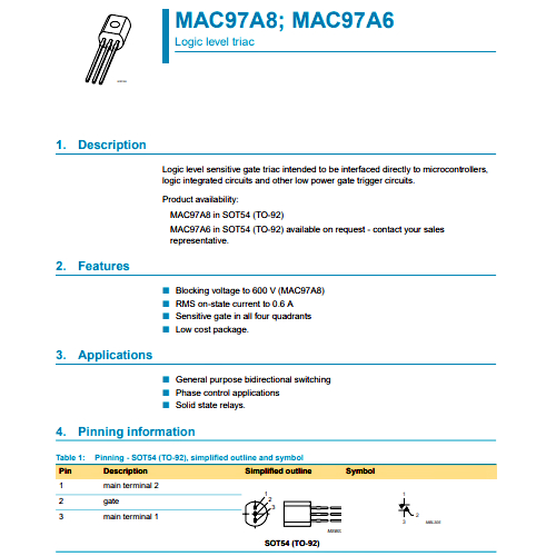 BT131 BT131-600 MAC97A8 131-6D ไตรแอก TRIAC BT131-600 600V/1A MAC97A8 600V/0.6A TO-92 - รูปที่ 2