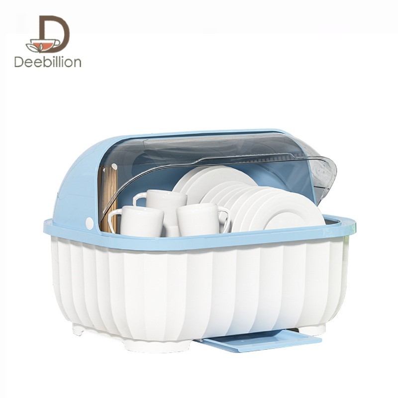 ที่คว่ำจานทรงโค้งมน ชั้นวางจาน กล่องใส่จานชามมีฝาปิด dish rack สำหรับห้องครัว บ้าน คอนโด มีฝาปิด และถาดรองน้ำ Deebillion