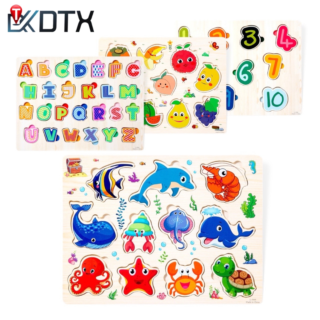 DTX จิ๊กซอว์ไม้ อักษร สัตว์และผักผลไม้ (แบบหนา) 30x22ซม. ของเล่นไม้ ฝึกสมอง พัฒนาการเด็ก ของเล่นเด็ก