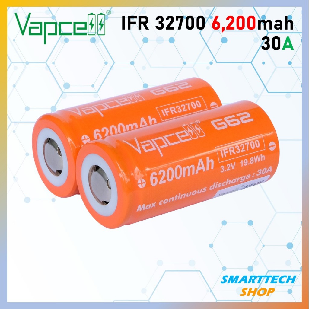 ถ่านชาร์จ Vapcell G62 LiFePO4 3.2V 2ก้อน จ่ายไฟ 30A 6200mAh แบตเตอรี่ 32700 แท้100% ประกัน 1เดือน