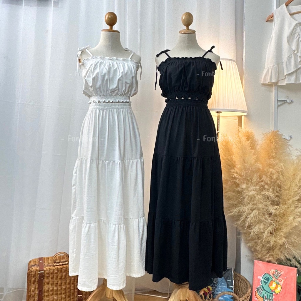 Raindy set ชุดเซ็ตเสื้อสายเดี่ยวผูกไหล่ ผ้าฝ้ายใส่สบายผ้าไม่บาง มาพร้อมกับกระโปรงยาวทรงชั้น กางเกงขาสั้นทรงบาร์บี้ (V58)