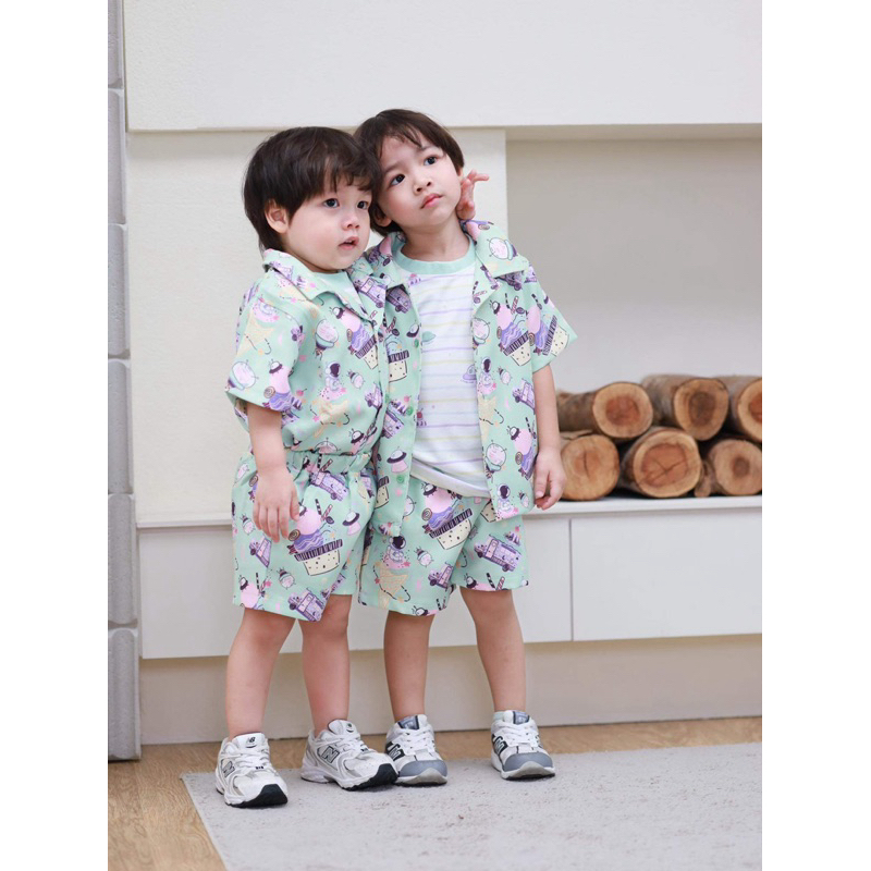 ISPACE02 l Shirt Top and Shorts (3items) ชุดเซ็ตเด็กสีเขียว