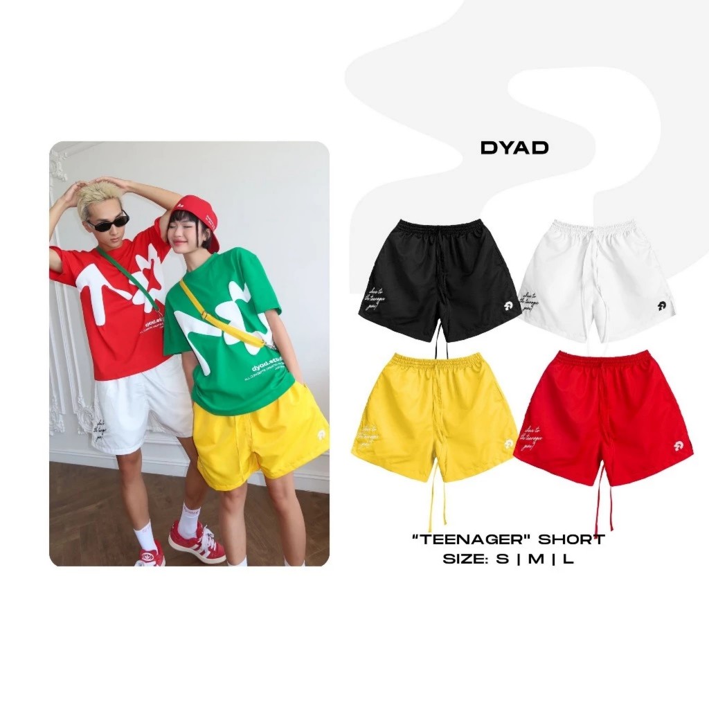 กางเกงขาสั้นชายและหญิง ขอบเอวยางยืด Dyad และกระเป๋าเสื้อปักลายตัวอักษร DDQS003