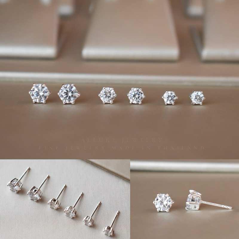 ต่างหูเงินแท้ 925 ประดับเพชร CZ Swiss Diamond เกรดพรีเมี่ยม 6 เตย