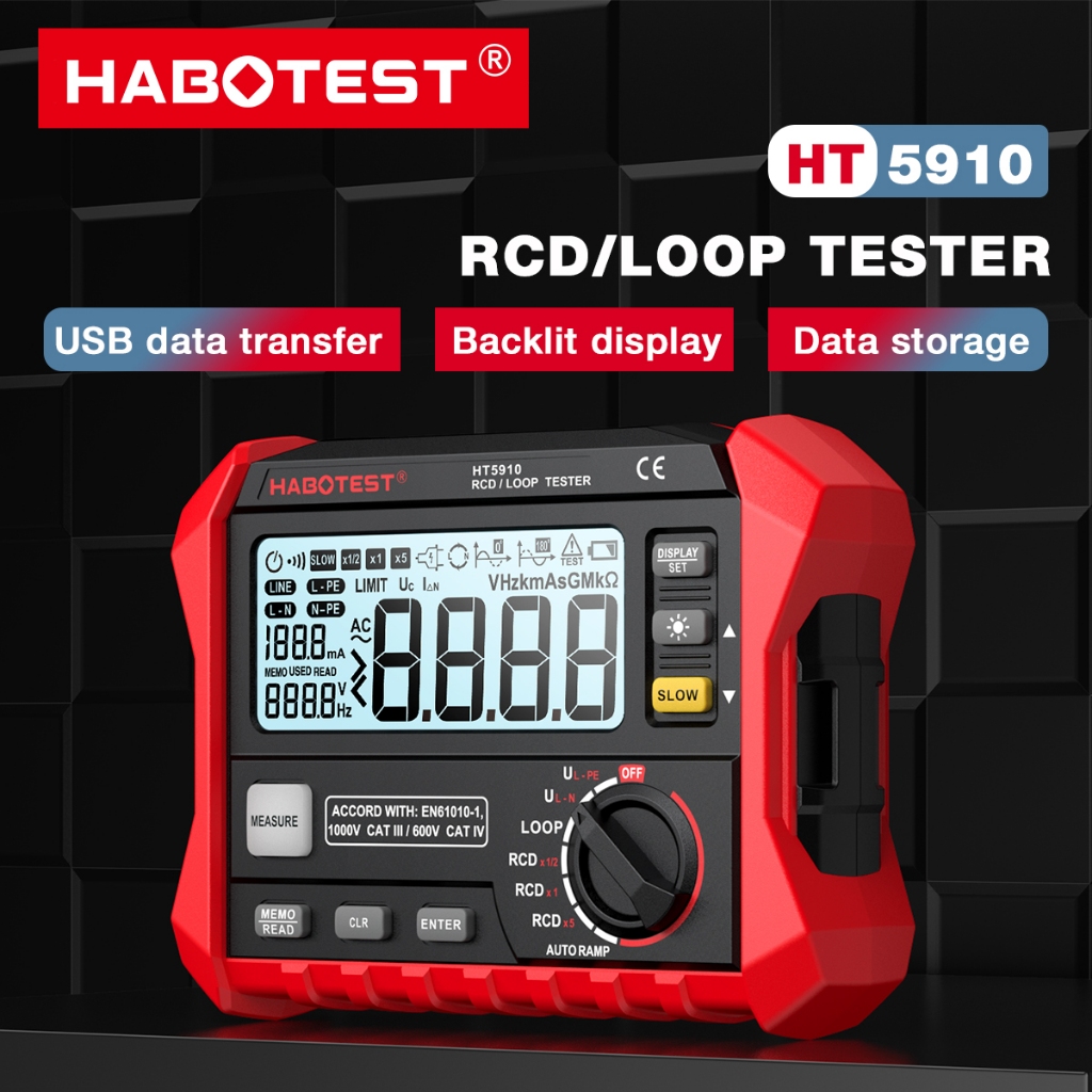 HABOTEST HT5910 เครื่องทดสอบ RCD/Loop แบบดิจิตอล 4.7 นิ้ว LCD เครื่องวัดความต้านทานการรั่วไหลเครื่อง
