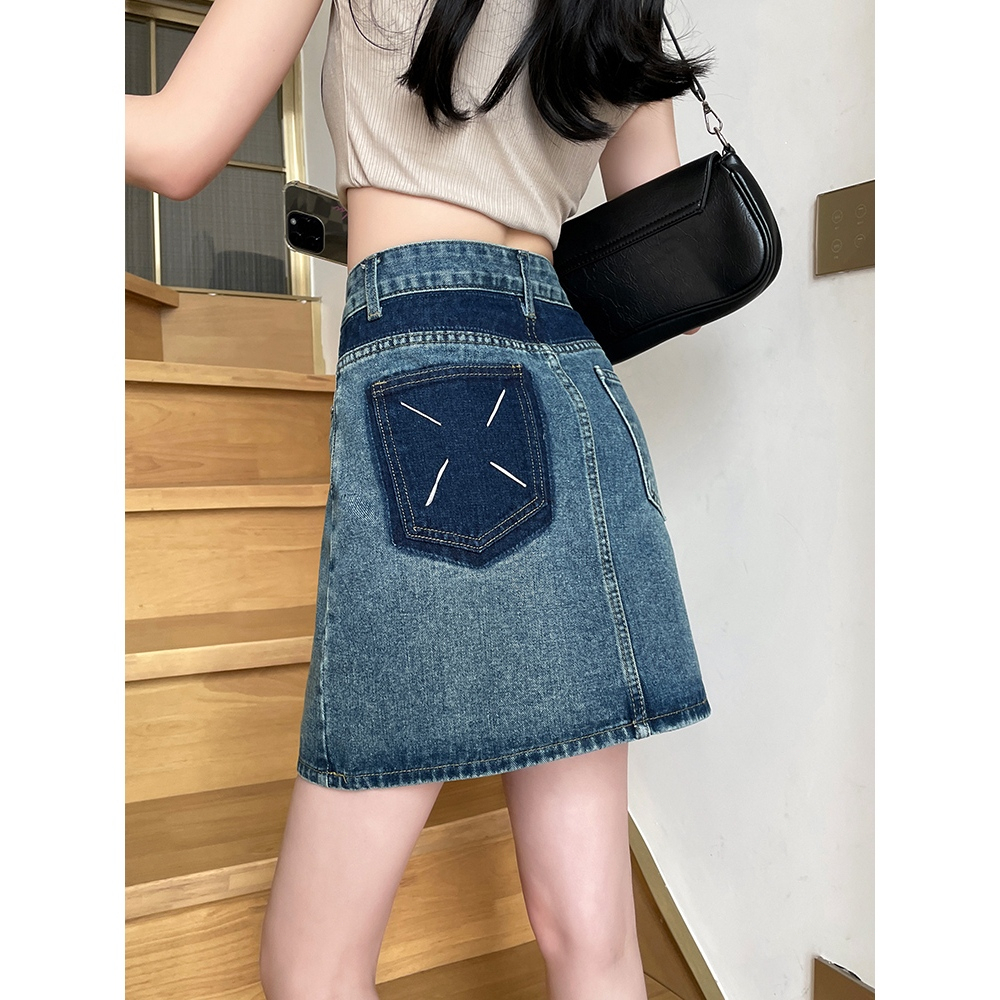 GHAOHES กระโปรงยีน ผ้าไม่มีความยืดหยุ่น สีน้ำเงิน แฟชั่นวินเทจ เอวสูง กระโปรง เอ S-4XL