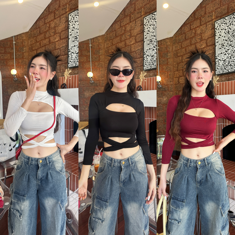 เสื้อครอปแขนยาว แต่งไขว้เอว ผ้าเรย่อนยืดเยอะมาก 🍑ผ้าไม่บางนุ่มยืด แมตช์ลุคง่าย รุ่น 195