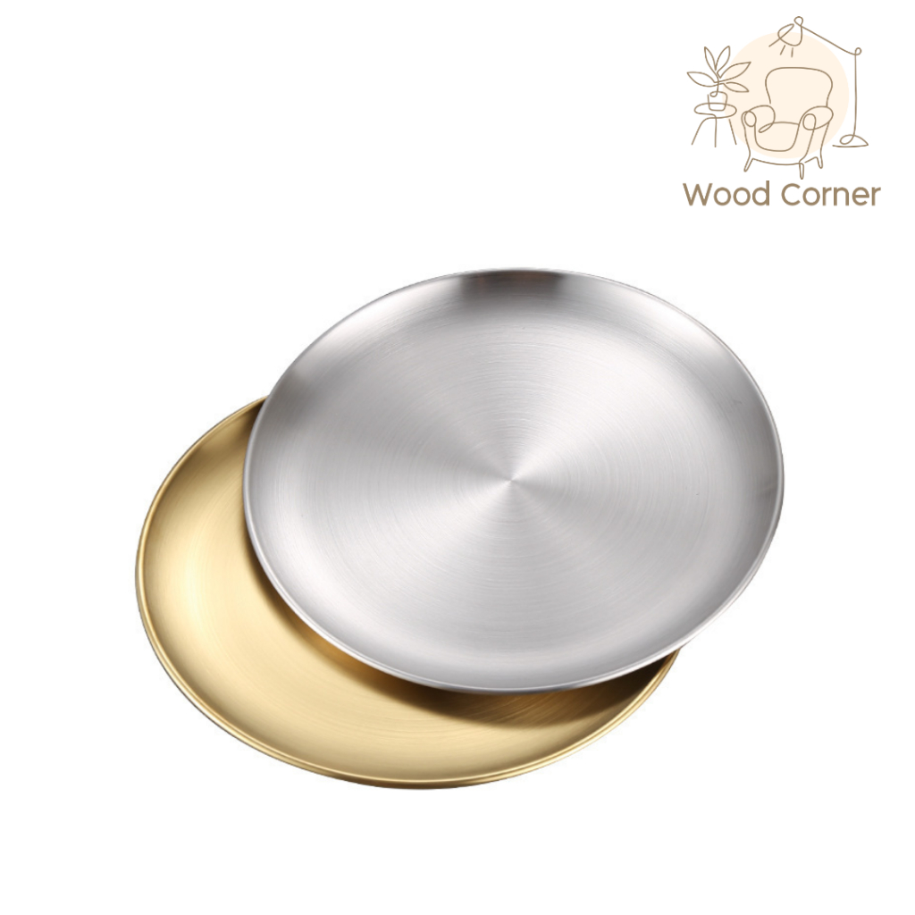 จานเกาหลี จานสแตนเลสสีทอง ขนาด 14/17/20/23/26/30ซม. สำหรับใส่ขนม ใช้เป็นถาดรองแก้ว 1ใบ woodcorner