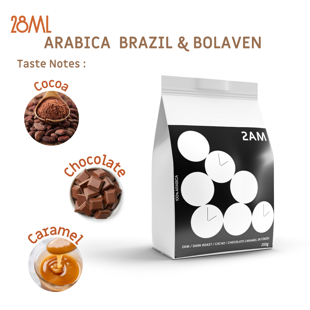 28ml 2am.เมล็ดกาแฟเบลนด์ Brazil/Bolaven คั่วเข้ม Arabica 100% เกรด Premium