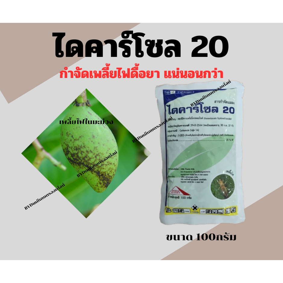 ไดคาร์โซล 20 ขนาดซอง 100กรัม สารฟอร์มีทาเนท 20%SP เด็ดขาดในการกำจัดเพลี้ยไฟดื้อยาโดยเฉพาะ จะกำจัดเพลี้ยไฟต้องไดคาร์โซล
