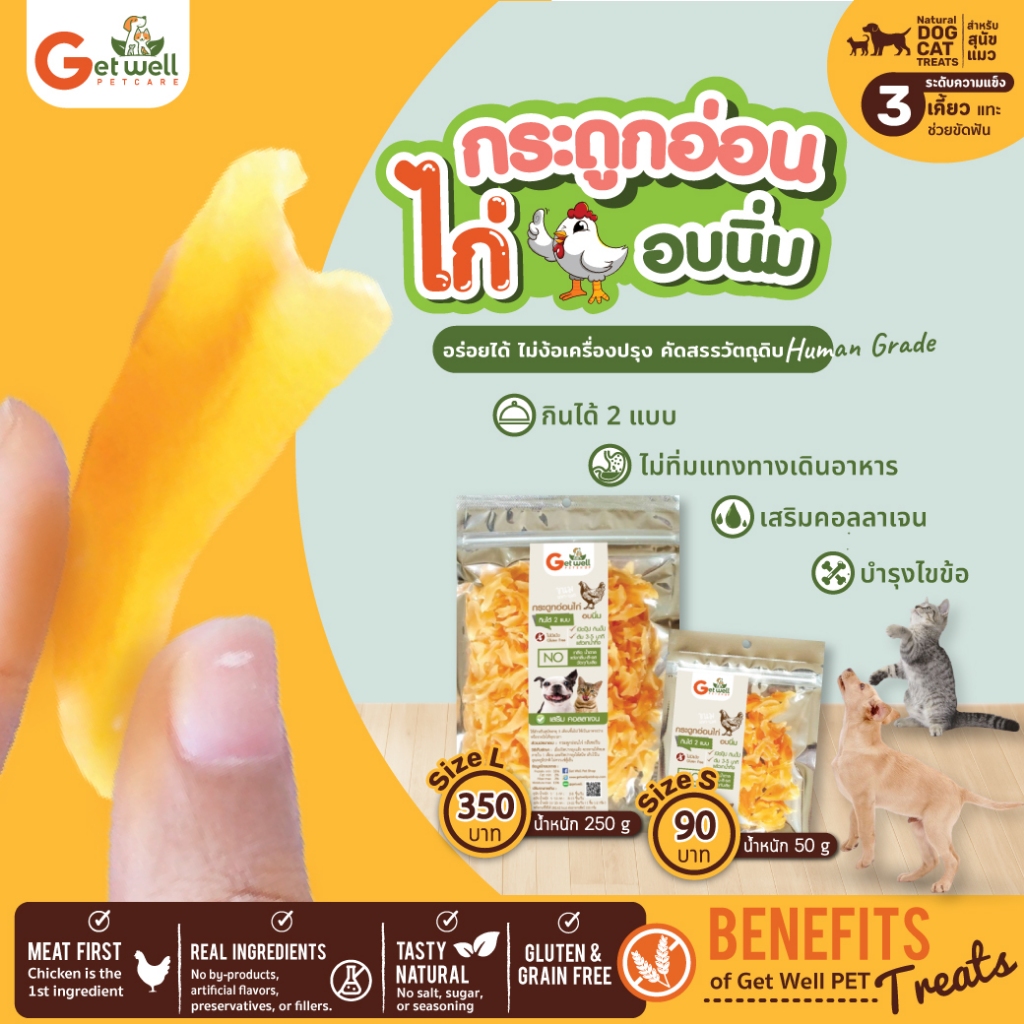Get Well กระดูกอ่อนไก่อบนิ่ม ขนมขัดฟัน แทะเล่น สำหรับสุนัข-แมว