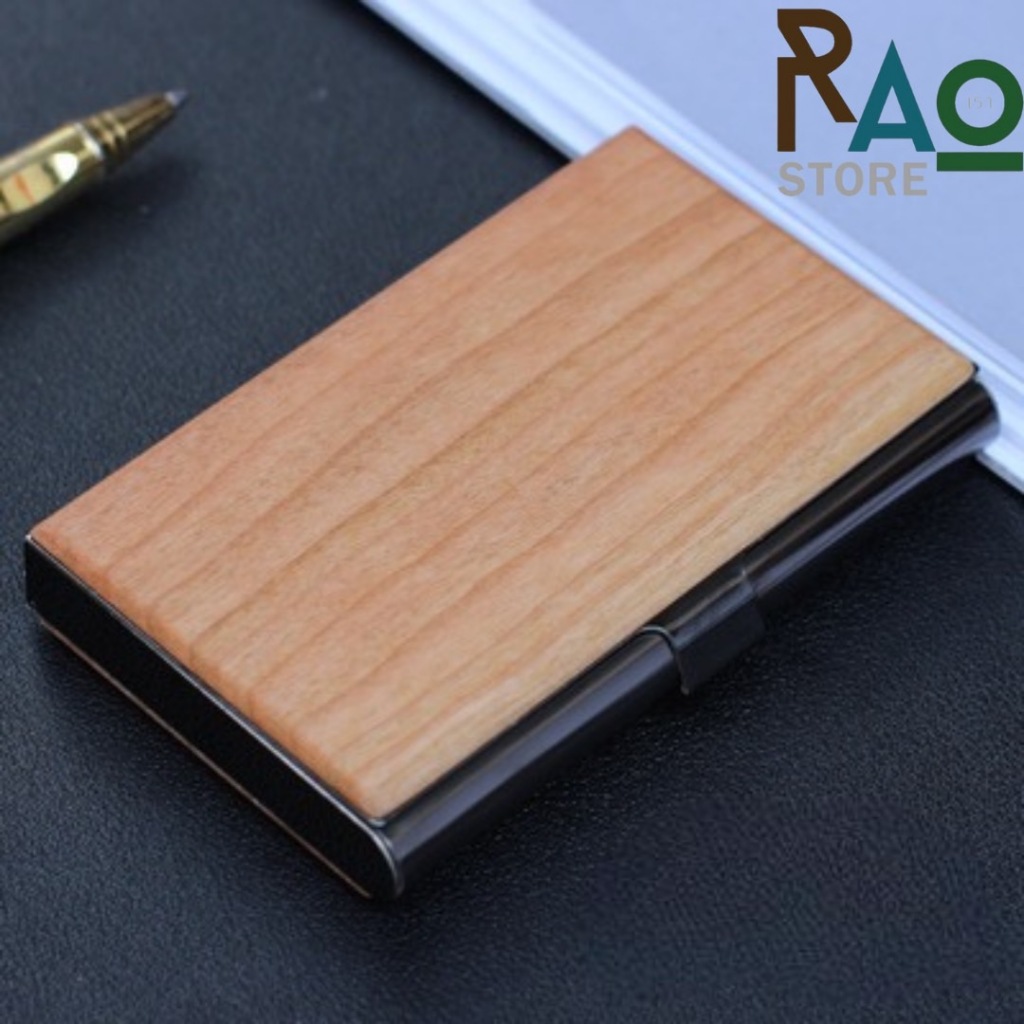 RAO Storeพร้อมส่ง กล่องใส่นามบัตรสแตนเลสสีดำไทเทเนียม ฝาไม้เนื้อแข็ง รุ่นหนา ใส่นามบัตรได้ถึง25ใบ Business Card Holder