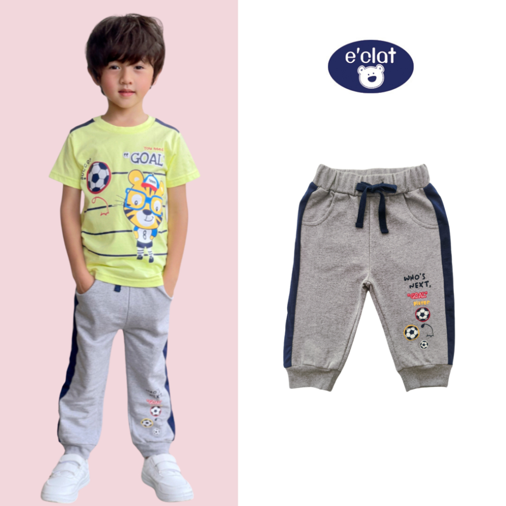 e'clat กางเกงขายาวเด็กผู้ชาย1-6ปี เอวยางยืด ปลายขาจั๊ม งานสกรีนลาย ผ้าcotton ผ้านิ่ม ใส่สบาย 9003