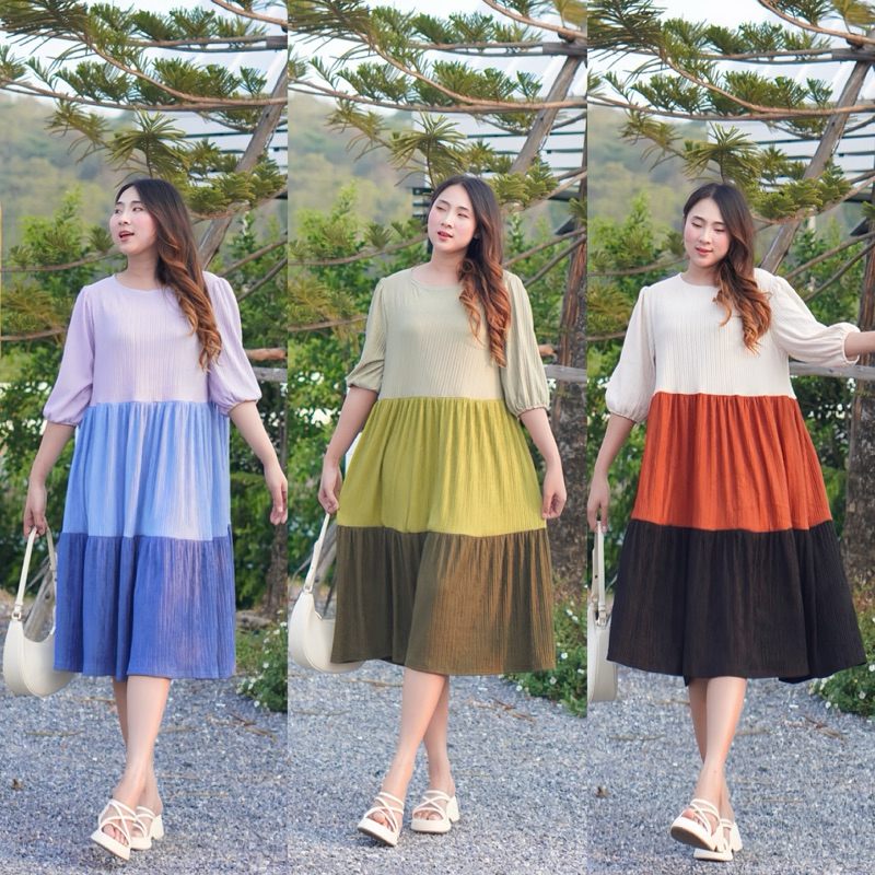 ชุดเดรสDressคอกลมทรีโทนชั้นหลายสีชายกระโปรงระบายชุดสาวอวบ
