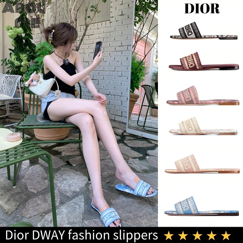 ดิออร์ Dior DWAY Fashion Slippers รองเท้าแตะปักผู้หญิง ✨ รองเท้าแตะส้นแบน CHRISTIAN & Classic hot sa