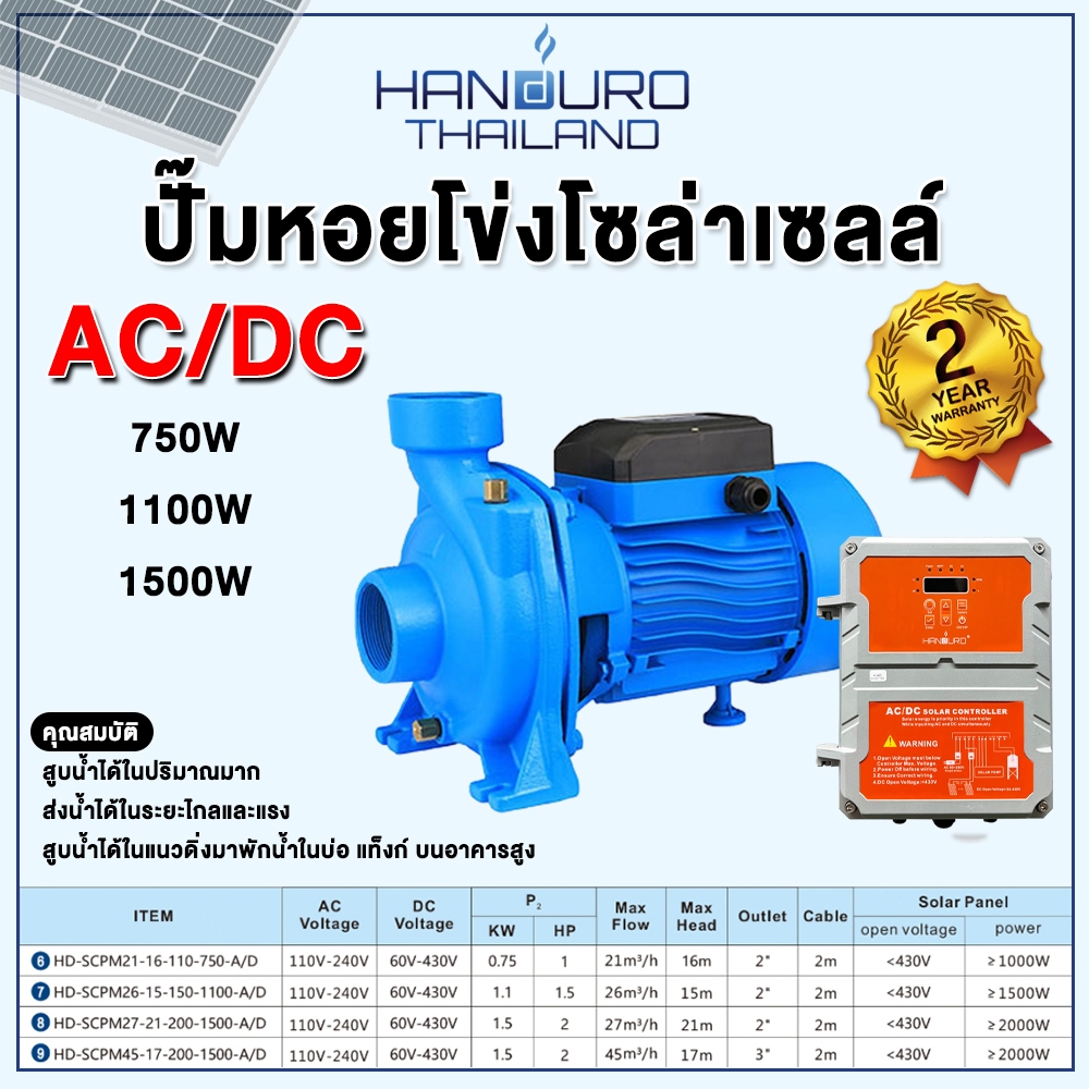 ปั๊มหอยโข่งโซล่าเซลล์ Handuro DC - AC/DC 550w 750w 1100w 1500w ปั๊มน้ำโซล่าเซลล์บัสเลส ปั๊มหอยโข่ง D