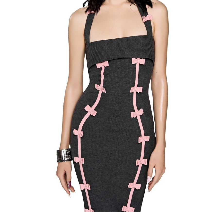 LSOUL - Solar Dress เดรสแม็กซี่เข้ารูปสีดำแต่งโบว์ลายทางสีชมพู