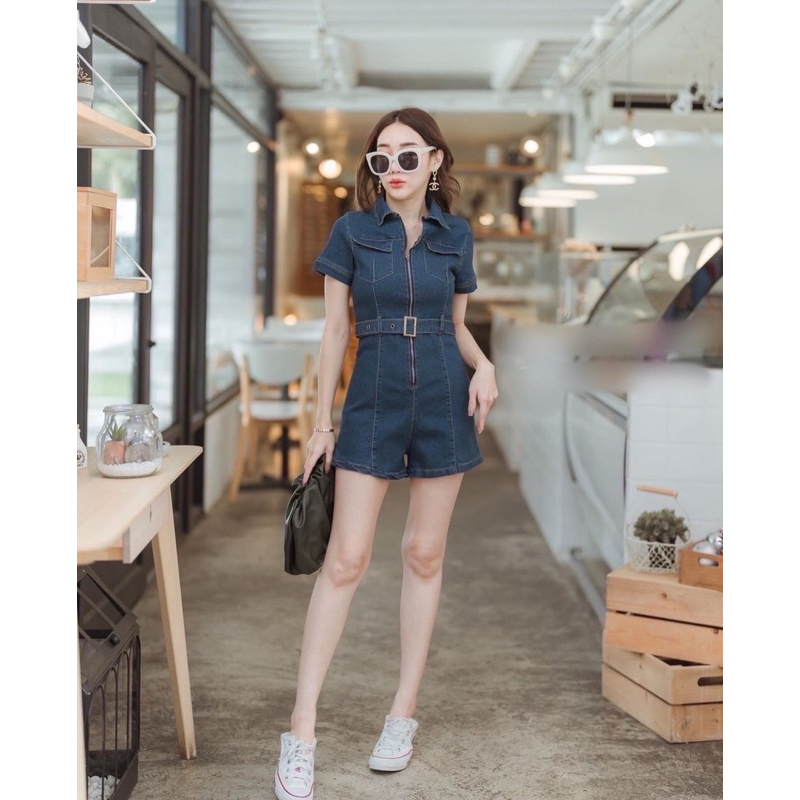 LT910 เซ้ต2ชิ้นยีนส์ จั้มสูทกางเกงยีนส์ขาสั้น คอปก ซิปหน้า+มาพร้อมเข็มขัด