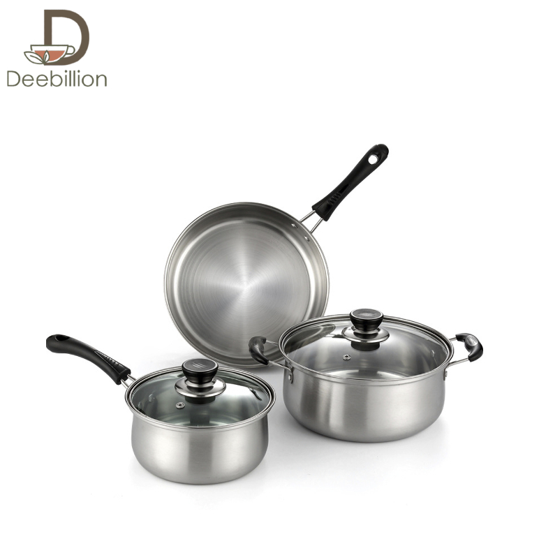 กระทะสแตนเลส เซ็ตหม้อกระทะ 3 ชิ้น cooking pot set ชุดหม้อสแตนเลส พร้อมฝาปิด ใช้กับเตาแม่เหล็กไฟฟ้าได้ Deebillion