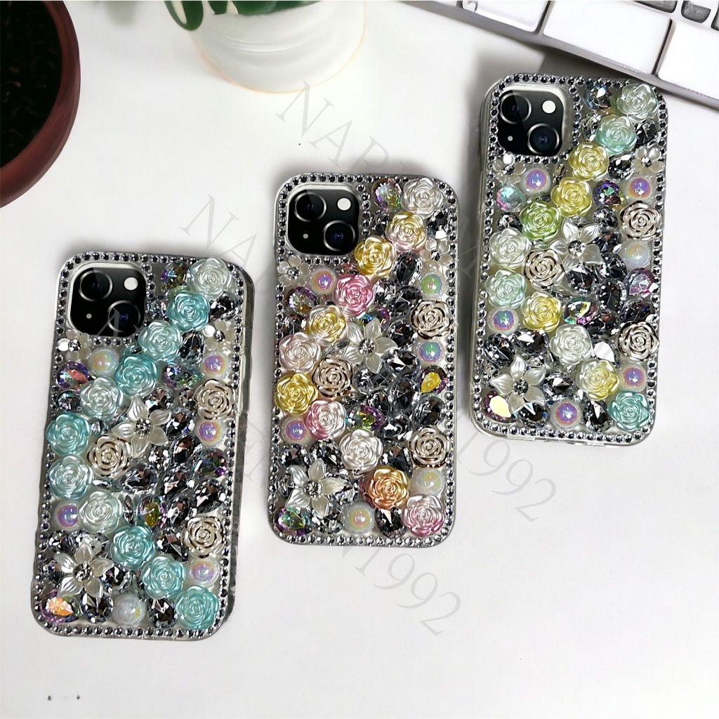 เคสซิลิโคนนิ่ม กุหลาบ ลายการ์ตูน ประดับเพชร พลอยเทียม สําหรับ iPhone 15 pro Max 14 pro Max 13 pro