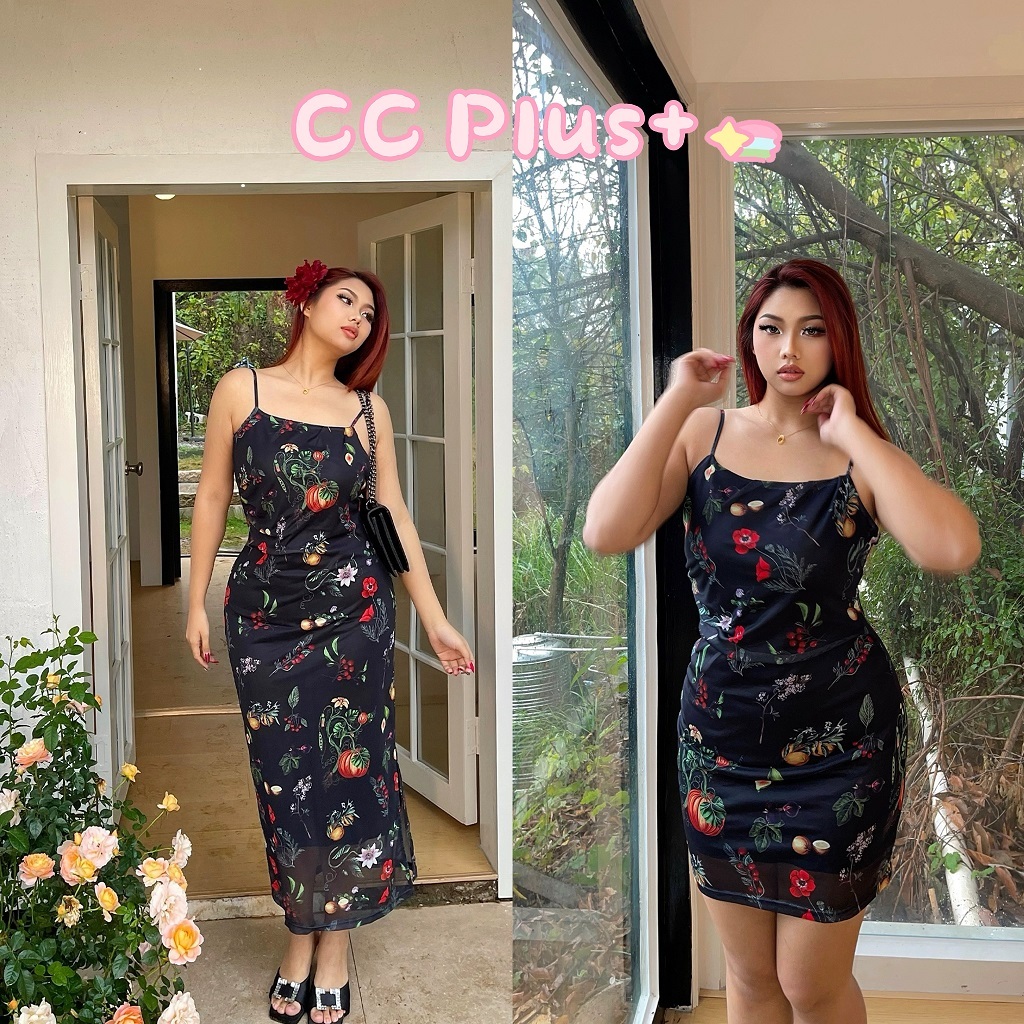 CiCi Plus+(6012/6012-1)เดรสสายเดี่ยว เดรสสั้น/เดรสยาว ซีทรู พิมพ์ลาย มีซับใน ปรับสายได้ ซิปหลัง สไตล์สาวพลัสไซส์ – โปรปัง