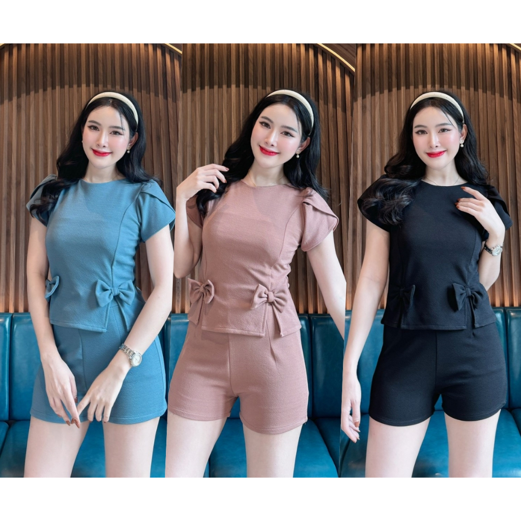 พร้อมส่ง ชุดเซตผ้าวูลเวฟ เสื้อแขนกุหลาบแต่งโบว์หน้า+กางเกง (E26,E27) A4036