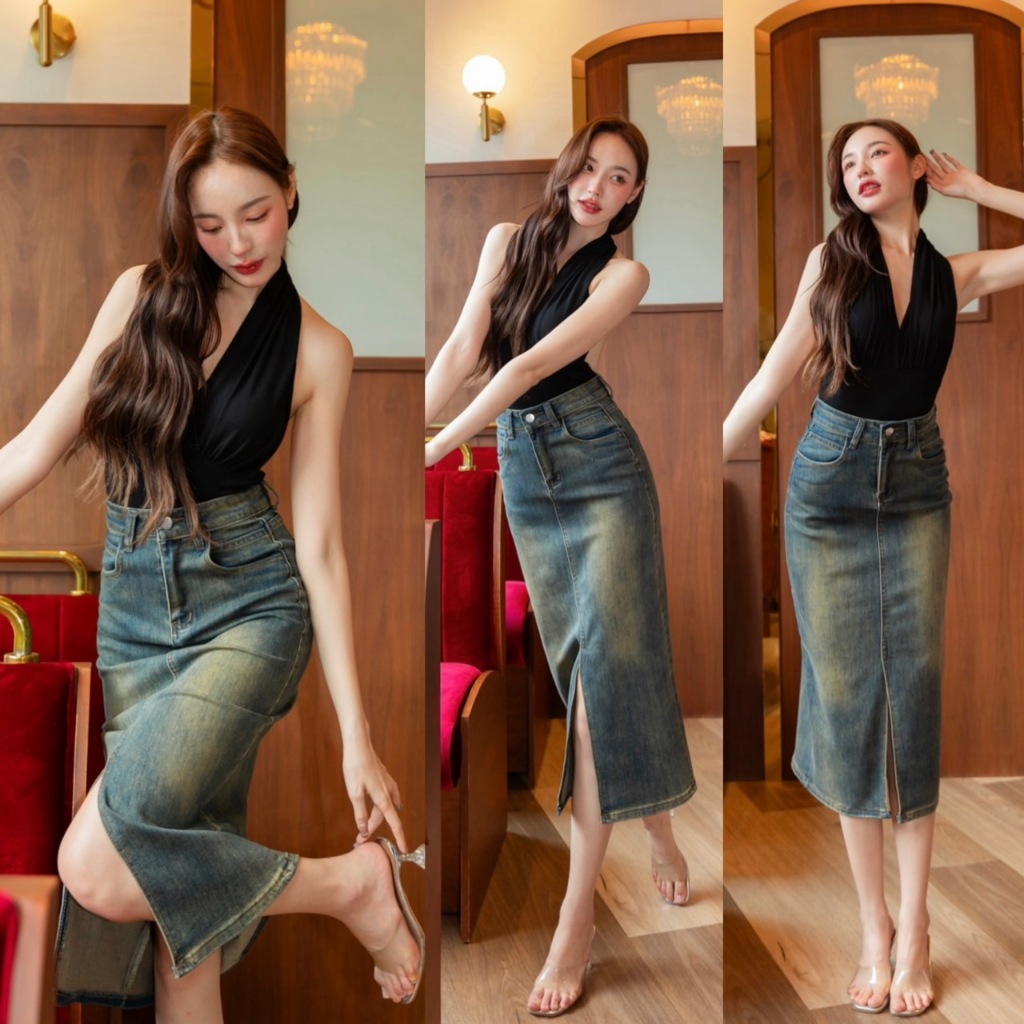 ST675 SistaDenim กระโปรงยีนส์ยาวสีสนิม กิมมิคผ่าหน้า