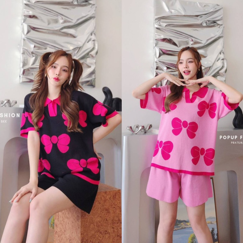 ชุดเซ็ตผ้าคาดิแกนเนื้อดีทอลายกราฟิกที่ตัวเสื้อ