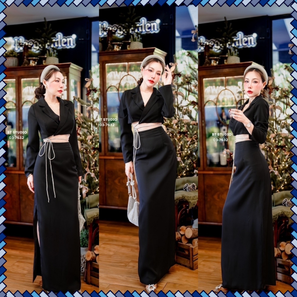 BT Studio 7632 SML เซ็ทเรียบหรูเซ็กซี่ เสื้อคอปกแขนยาวกับกระโปรงยาวเอวสูง พร้อมสายเพชรพันรอบเอว