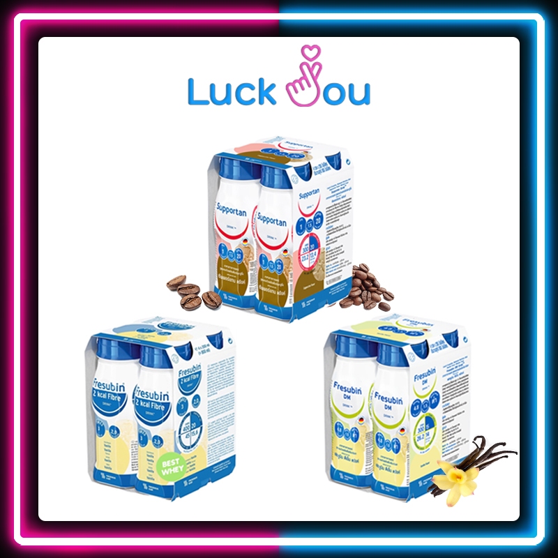 (ยกเเพ็ค 4 ขวด) Fresubin 200 ml.- 2Kcal Fibre Drink ,Fresubin DM วนิลา ,Fresubin Supportan คาปูชิโน่ 200 ml.