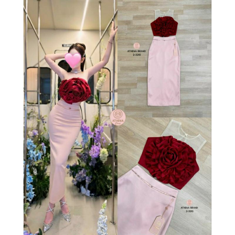 ( XS-L) Athena พร้อมส่ง เสื้อ+กระโปรงเสื้อเกาะอกแต่งซีทรูดีไซน์แต่งดอกกุหลาบกระโปรงแต่งเว้าช่วงเอวเนื้อผ้าดี๊ดีสวยหรู