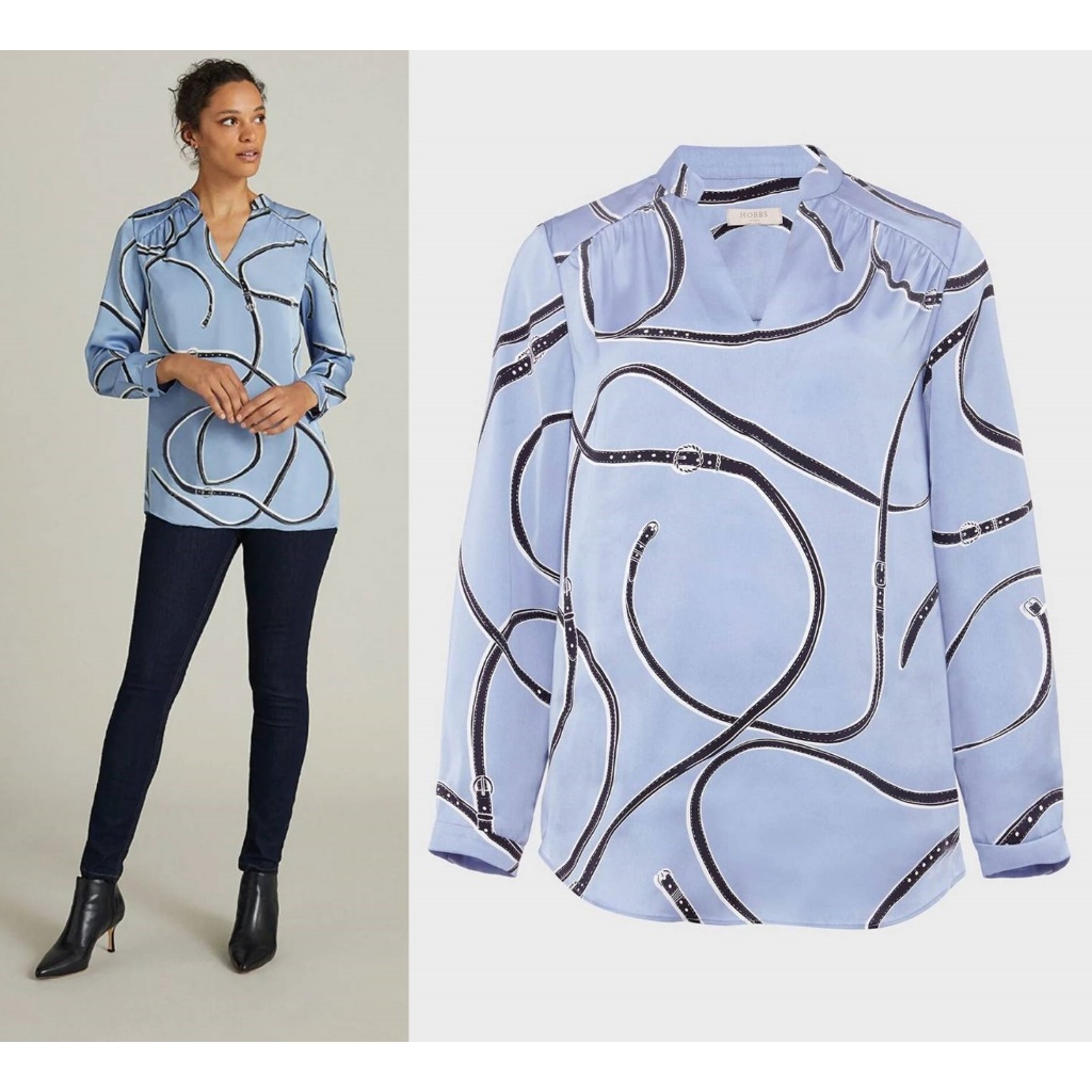 ANDRA SATIN BLOUSE เสื้อผ้าซาติน คอวี ปกจีน แขนห้าส่วน สีฟ้าลายเข็มขัด
