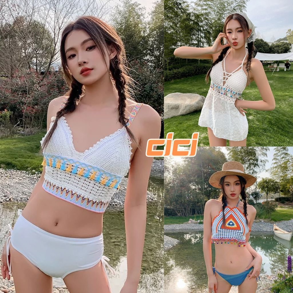 ส่งทันที Cici(NO. Q47/Q48/Q45)เสื้อสายเดี่ยวถักลูกไม้ โบฮีเมี่ยน มีฟองน้ำในตัว ใส่ไปทะเลสุดปัง