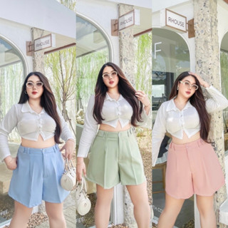 ✅/LC/ กางเกงขาสั้นเอวสูงดีเทลขอบข้างอินธนูสีพาสเทล สาวอวบอ้ว…