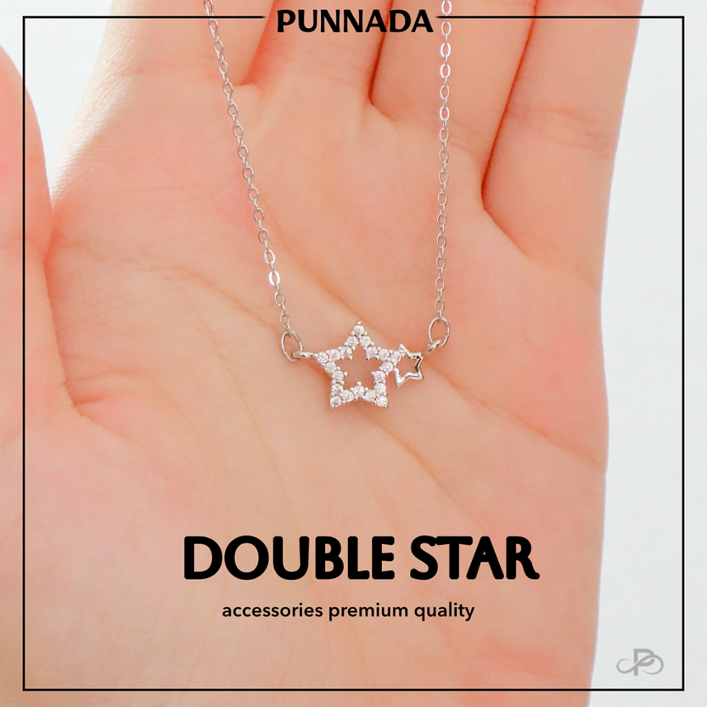 PUNNADa PN034 สร้อยเงิน จี้ดาวคู่ แต่งเพชร ใส่โดนน้ำได้ สร้อยคอ เงิน งานเกรดพรีเมี่ยม ของขวัญ