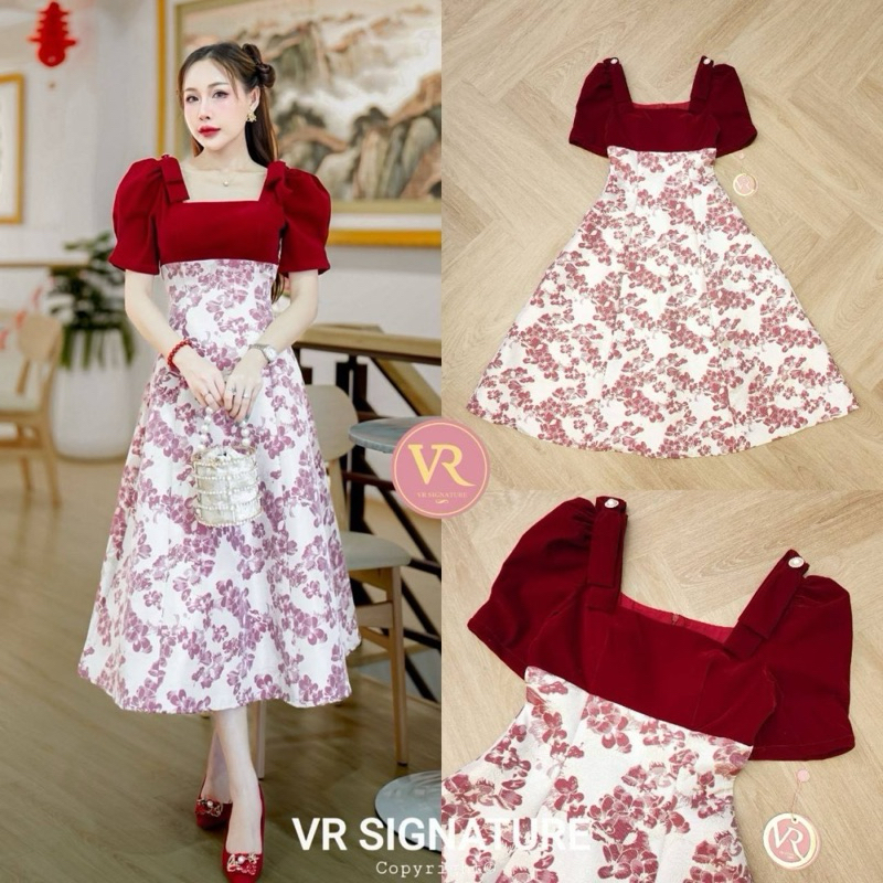 (พร้อมส่ง) Vr65 Dress ตัวยาว แขนจับจีบพองแต่งโบว์ช่วงไหล่ ช่วงอกแต่งเว้าสามเหลี่ยม เอวเข้ารูปทรงกระโปรงทรงบานสว