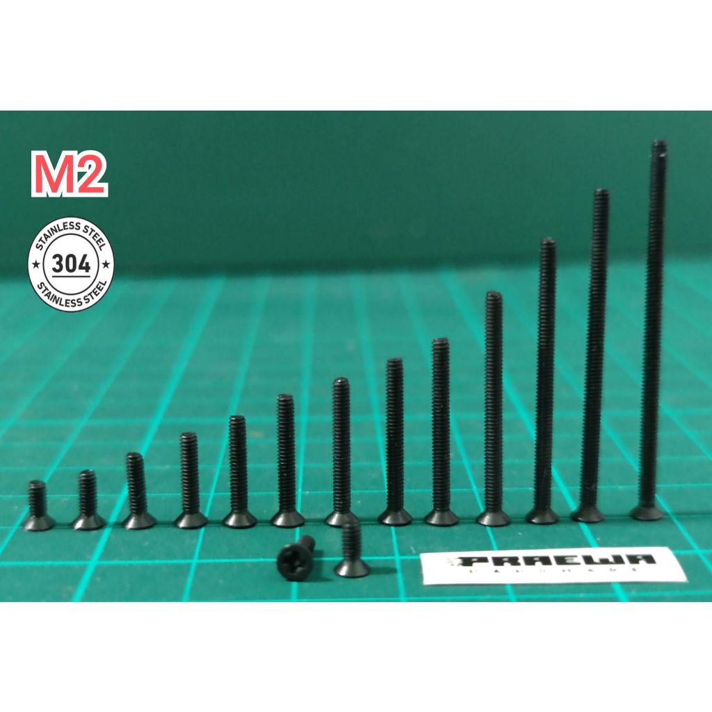 [ส่งถูก!!] น็อตเลสดำตัวผู้ M2 หัวเทเปอร์ หัวจม ดำดุ SS304 ขนาด 5-40mm - Mini4WD Black M2 Counter Sin
