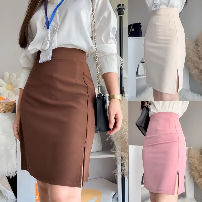 กระโปรงรุ่นสีพื้น ผ่าหน้า ทรงเอตรง xs-xxl ยาว 20-21 นิ้ว กระโปรงเอวสูงมีซับใน