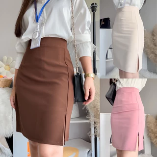 กระโปรงรุ่นสีพื้น ผ่าหน้า ทรงเอตรง xs-xxl ยาว 20-21 นิ้ว กระโปรงเอวสูงมีซับใน