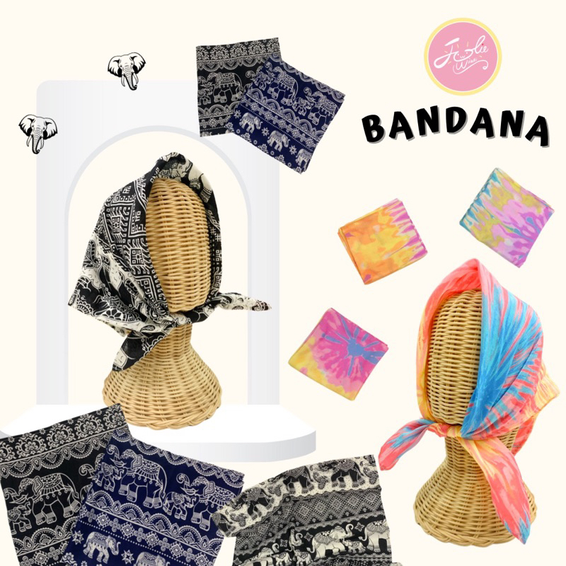 Jolie Wiwii ผ้าโพกผมแบบสี่เหลี่ยม ผ้ามัดย้อม ผ้าลายช้าง