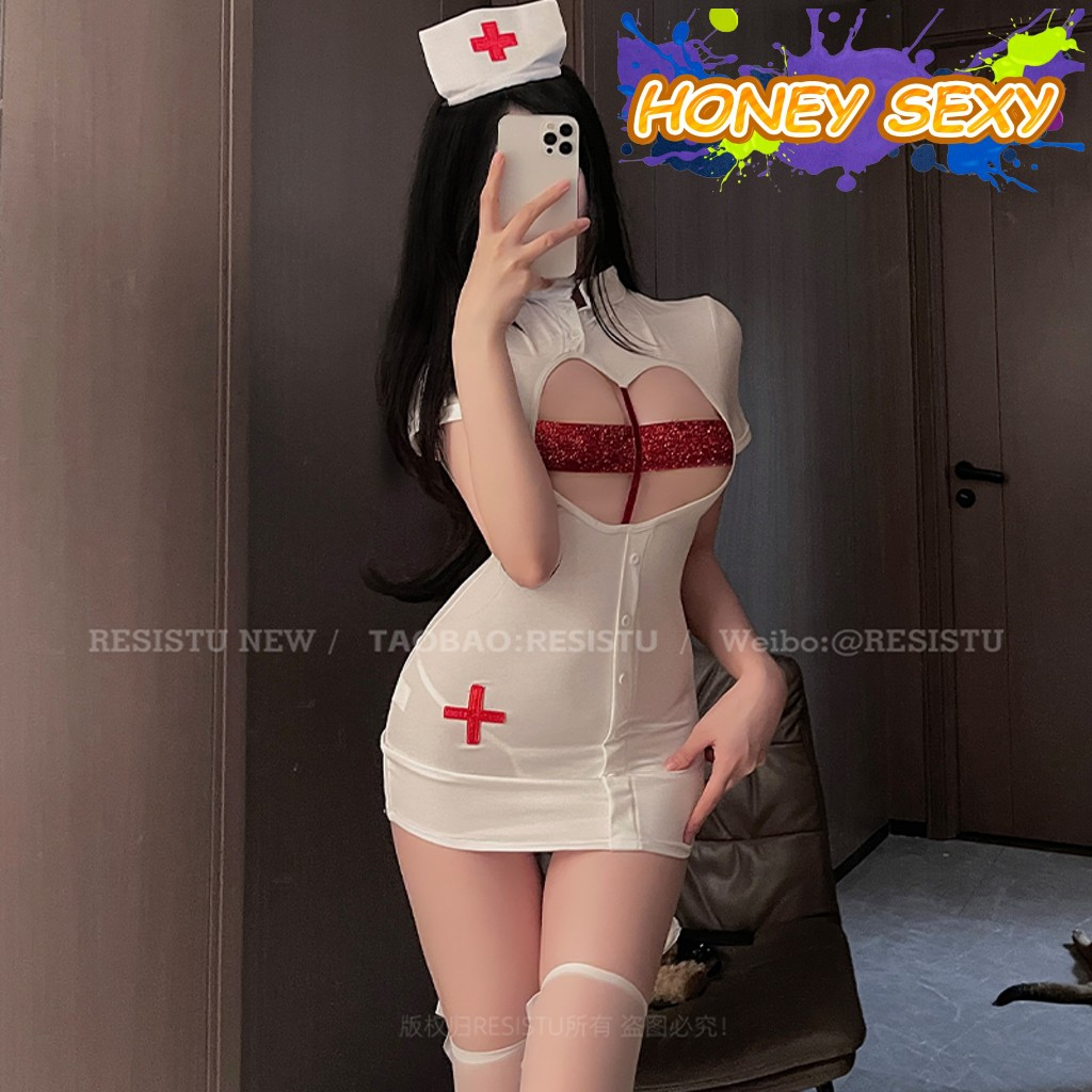 HONEY SEXY ชุดคอสเพลย์ ชุดพยาบาล ชุดเซ็กซี่ เว้าอกรูปหัวใจ เปิดก้น พร้อมจัดส่ง H-442