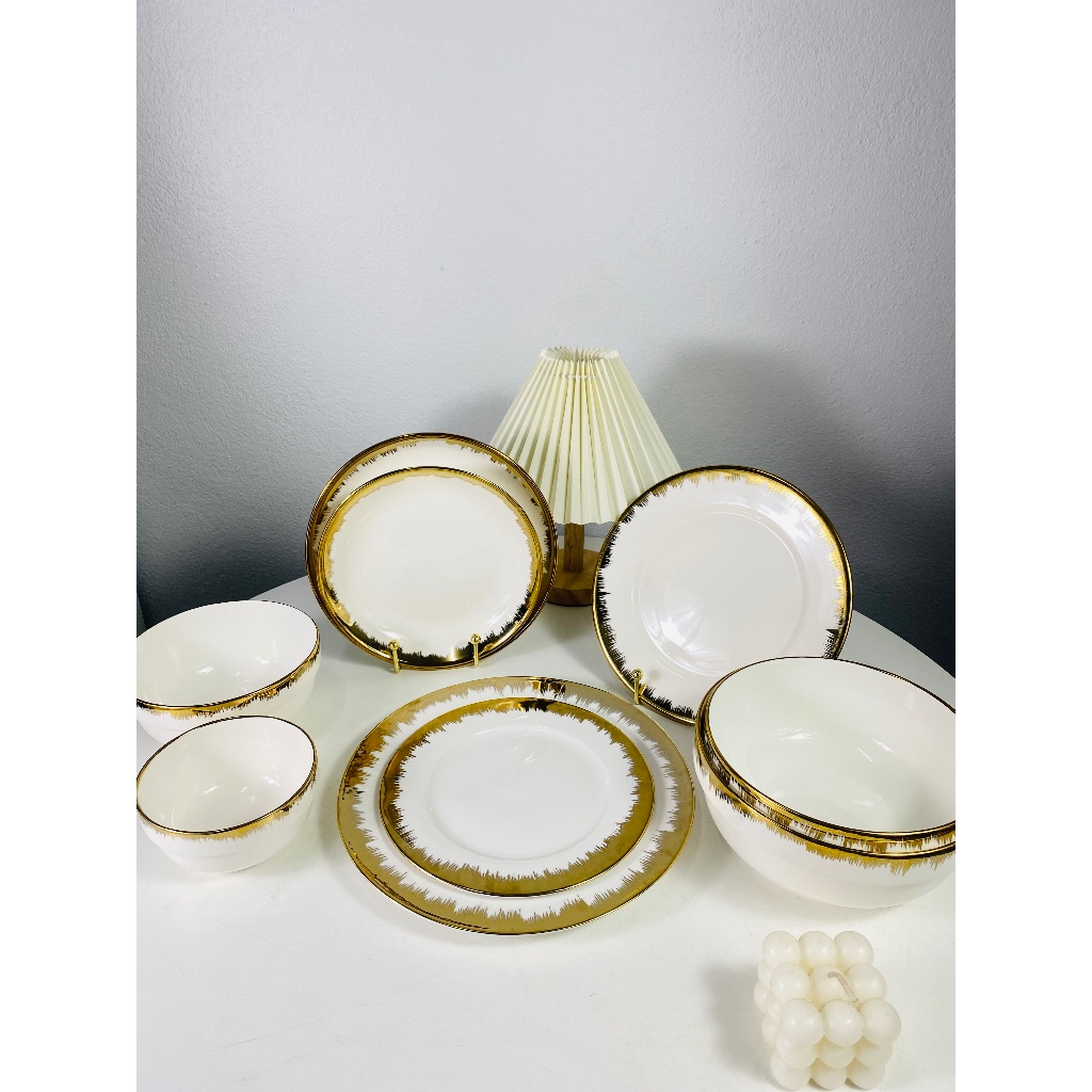 (New collection พร้อมส่ง) Luxury gold dinner set ชุดเข้าเซท จานสีขาวขอบทอง หรูหรา มีให้เลือกหลายขนาด
