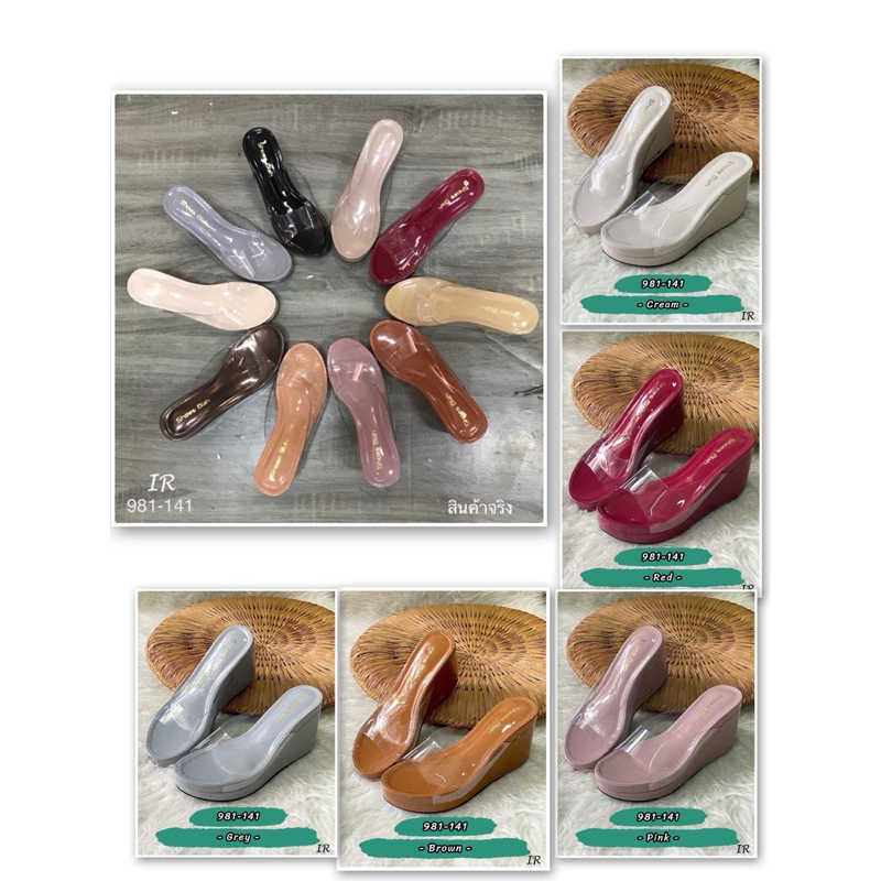 ขนาดเล็กเผื่อ1ไซส์(เท้าเรียวผอมสั่งตรงไซส์)สูง9CM./รองเท้าส้นเตารีดสวมพลาสติกใสนิ่ม มีกล่อง 981-141