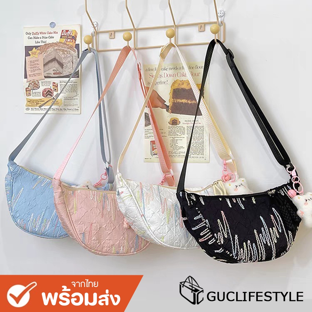 GUCSELECTED(B2048) กระเป๋าสะพายข้างผ้ายู่ยี๋ลายเส้นสีสัน ไม่มีที่ห้อยตุ๊กตา